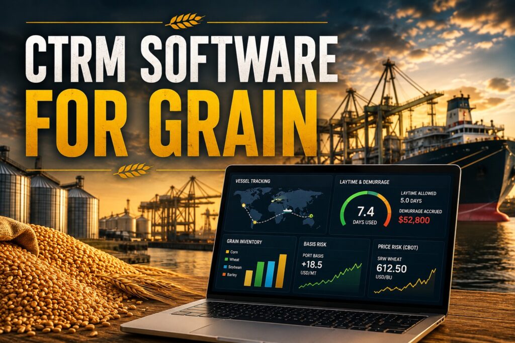 Robosoft CTRM software for grain dashboard displaying vessel laytime calculations and basis risk spreads