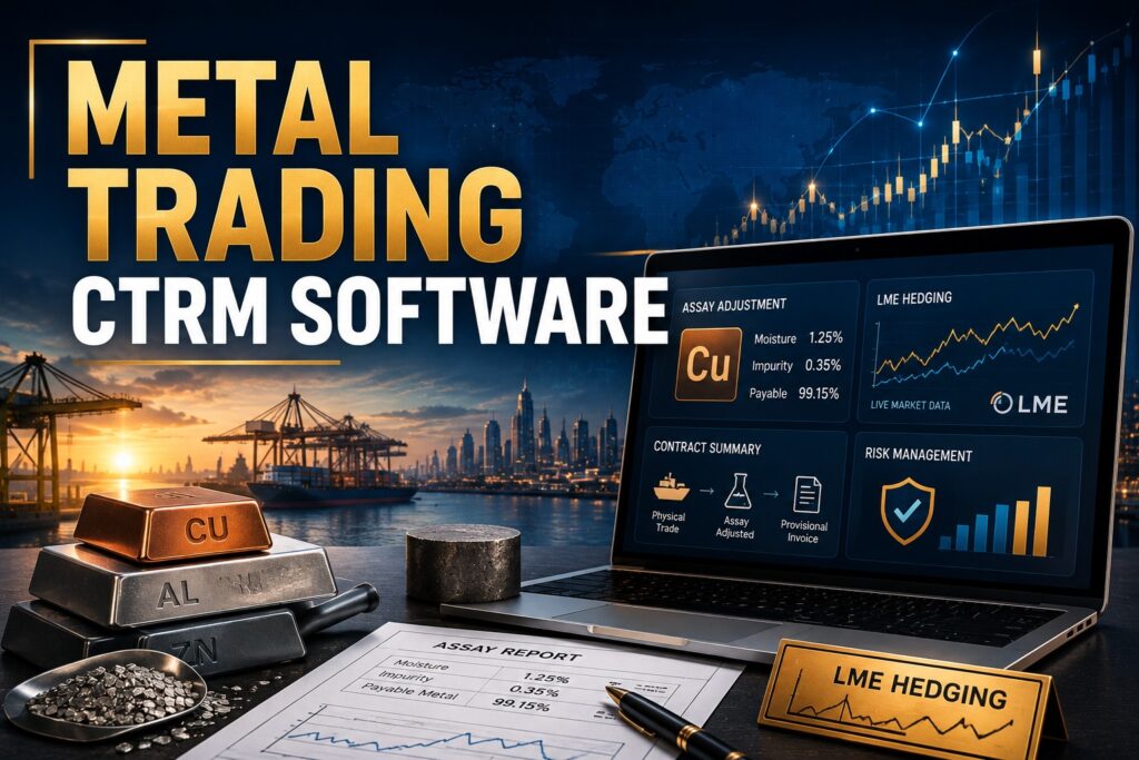 Robosoft metal trading CTRM software dashboard displaying assay adjustments and live LME pricing curves