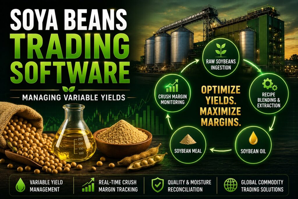 Robosoft soya beans trading software dashboard displaying crush margin analytics and automated edible oil blending recipes