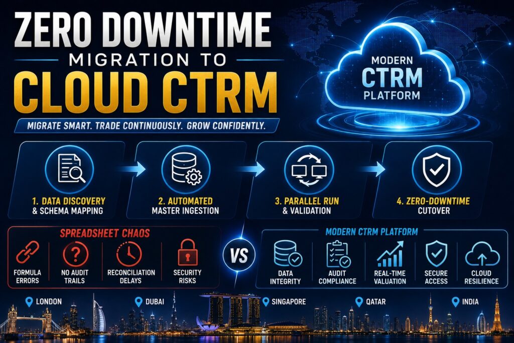 Robosoft CTRM software solutions dashboard displaying legacy spreadsheet data migration workflows and parallel run validation