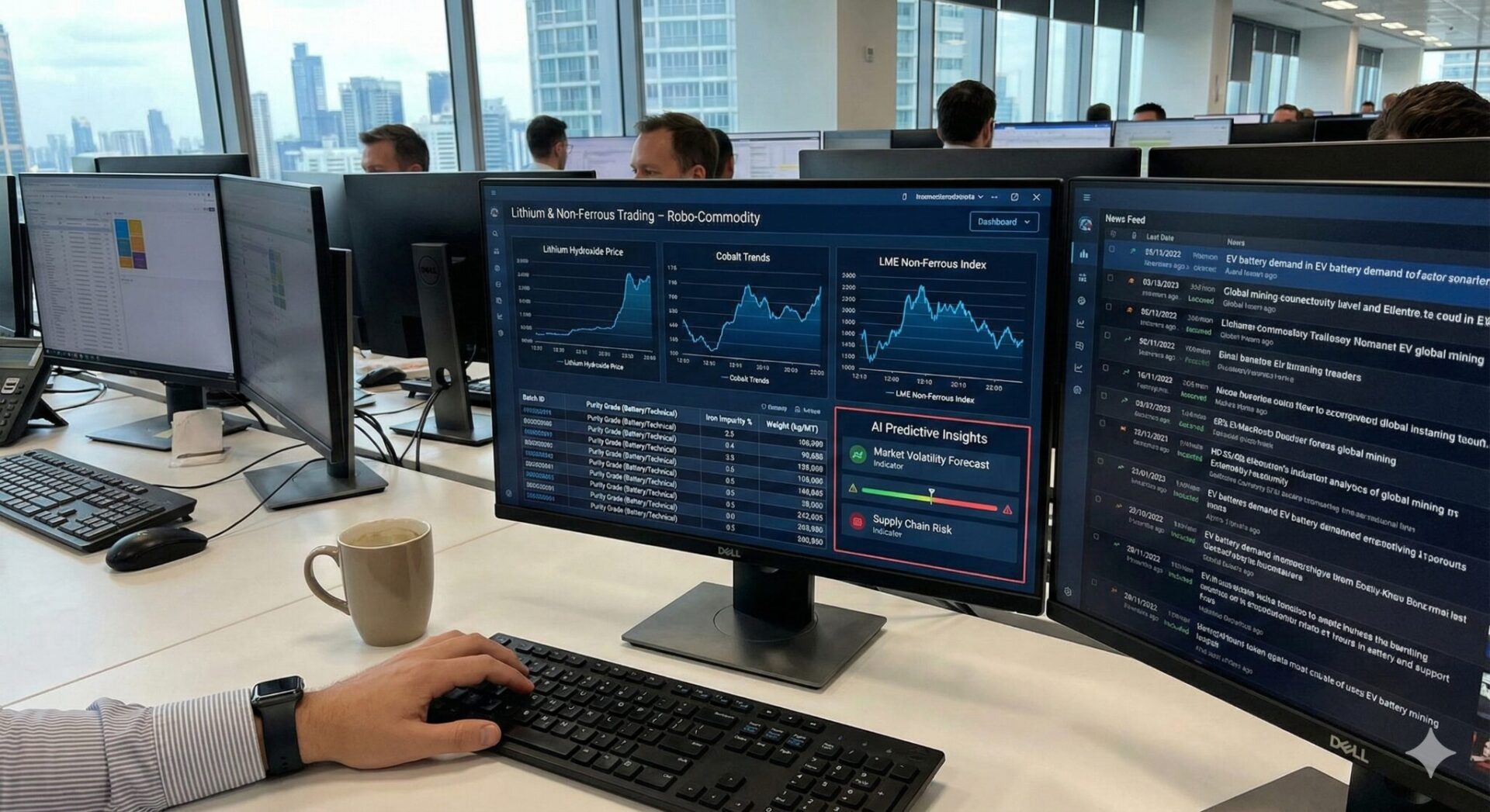 Lithium trading software dashboard displaying real-time battery-grade purity analysis and global pricing trends for non-ferrous metals.