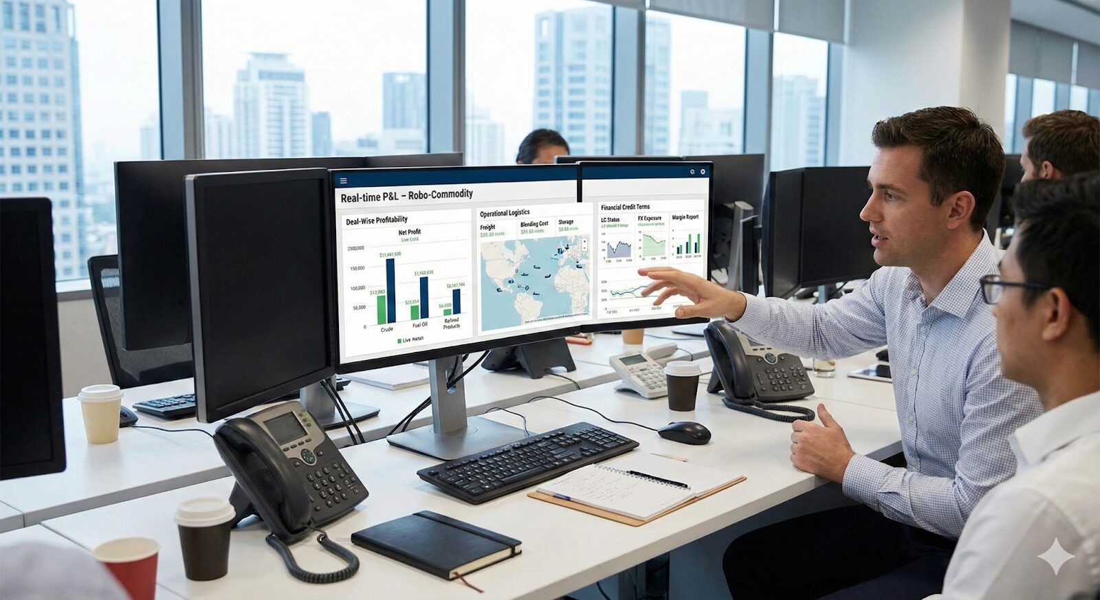 Real-time P&L in commodity trading.
Robosoft ERP dashboard showing Real-time P&L analysis, linking freight logistics with financial credit terms and margin reports.