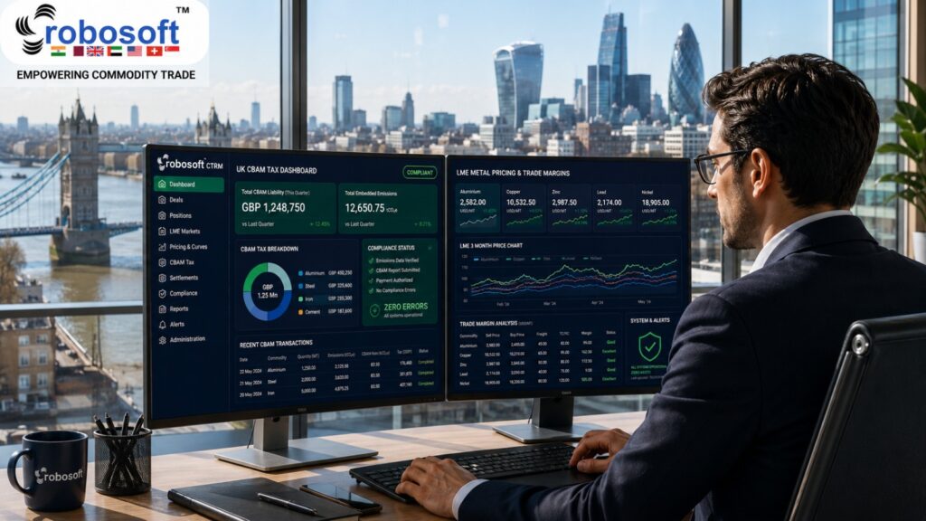 Robosoft Commodity Trading UK dashboard displaying UK CBAM carbon tax calculations and LME margin analytics