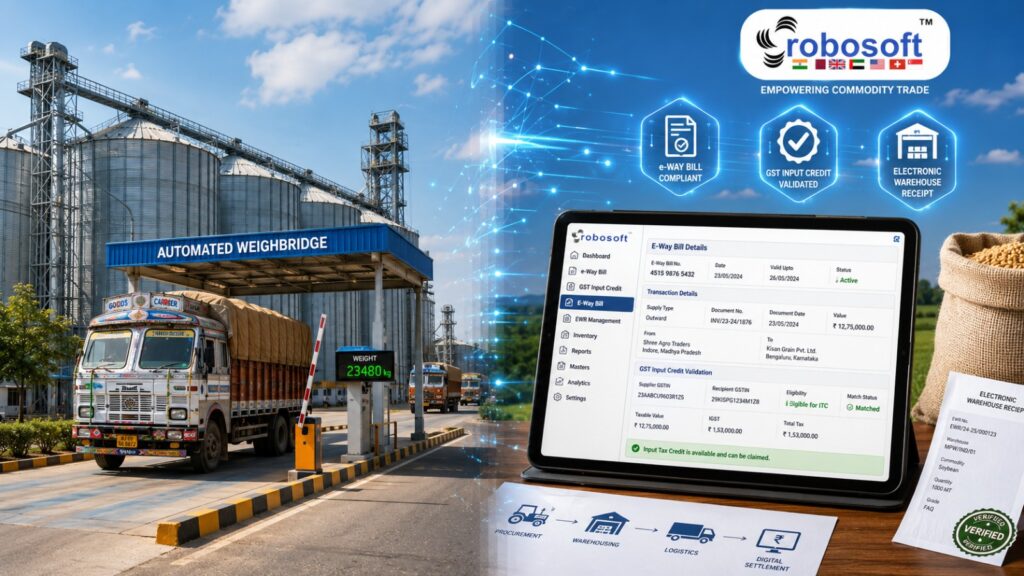 Robosoft Commodity trading software India dashboard displaying mandi procurement settlements, GST calculations, and MCX price hedging analytics