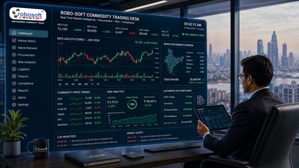 Robosoft Commodity trading software India dashboard displaying mandi procurement settlements, GST calculations, and MCX price hedging analytics.1