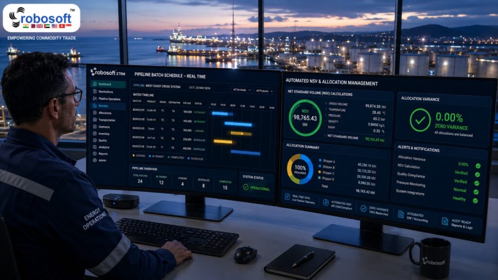 Robosoft ETRM software dashboard displaying automated pipeline batch tracking and hydrocarbon mass balance reconciliations.1