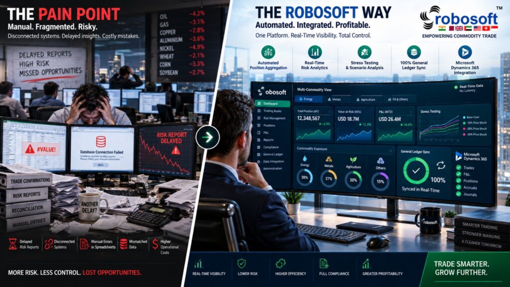 Comparison showing legacy spreadsheet chaos replaced by Robosoft automated multi-commodity cloud CTRM software solutions
