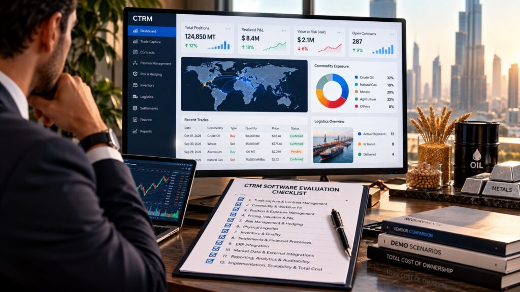 CTRM software evaluation dashboard showing commodity trading risk, contracts, P&L and logistics